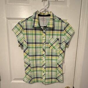 KINONA Women's Plaid Golf Polo Shirt Small Green Yellow Blue Button Front Top